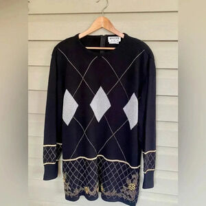 Vintage GLAM granny sweater ANCORA CAIO LTD 80s argyle fancy pullover jumper Lg